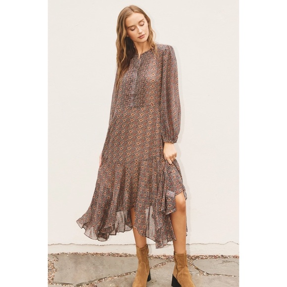 Bohemian Long Sleeve Midi Dress – Lightweight Flowing Patterned Style - Picture 2 of 5